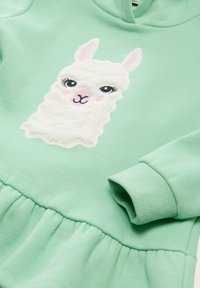 Felpa verde menta con orlo arricciato e un volto di lama bianco con una texture, caratterizzato da grandi occhi, guance rosa e orecchie erette sulla parte anteriore.