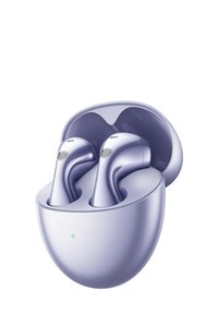 Kabellose Ohrhörer mit einem eleganten, glatten lila Ladecase. Das Case ist rund und verfügt über eine kleine grüne Kontrollleuchte. Die Ohrhörer haben eine glatte Oberfläche.