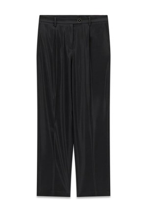 Schwarze High-Waist-Hose mit Gürtelschlaufen, Knopfverschluss, Seitentaschen und geradem Bein auf weißem Hintergrund.