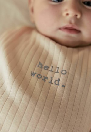 Suur plaan beebist, kes kannab beežist soonikutega riietust, mille rinnal on tekst "hello world."