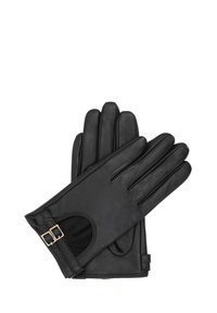 Gants en cuir noir présentant une texture lisse, des doigts allongés et deux accents décoratifs en teinte or près du poignet.