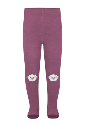 Purple tights featuring embroidered white sheep with black facial details and pink accents. Smooth texture and elastic waistband.