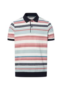 Korte mouwen polo shirt met een marineblauwe kraag, voorzien van horizontale strepen in lichtblauw, rood en marineblauw. Zachte textuur, casual ontwerp.