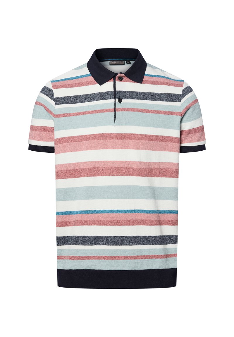 Korte mouwen polo shirt met een marineblauwe kraag, voorzien van horizontale strepen in lichtblauw, rood en marineblauw. Zachte textuur, casual ontwerp.
