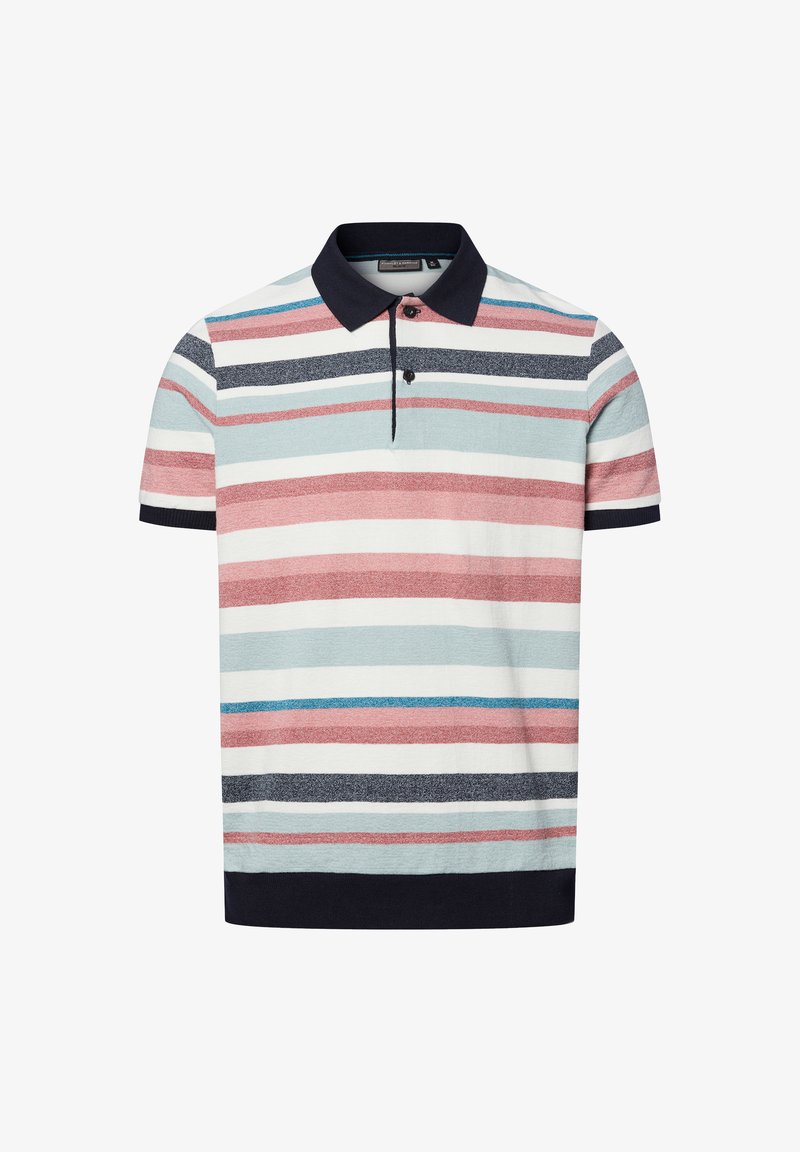 Korte mouwen polo shirt met een marineblauwe kraag, voorzien van horizontale strepen in lichtblauw, rood en marineblauw. Zachte textuur, casual ontwerp.