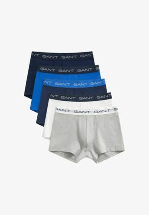 Cinque paia di boxer da uomo in blu navy, blu, blu scuro, bianco e grigio con fascia in vita con marchio GANT.