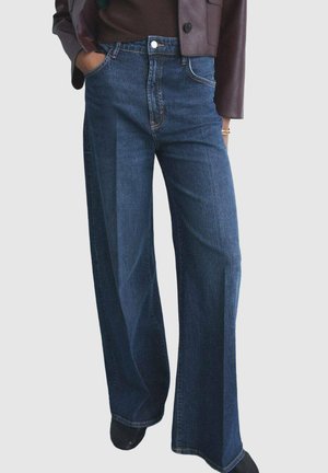 Wide-leg blue denim jeans featuring a high waist, classic five-pocket design, and contrasting stitching. The fabric has a smooth texture.