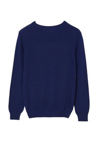 Marineblauer Langarmpullover mit Rundhalsausschnitt und gerippten Bündchen und Saum, flach auf einem weißen Hintergrund ausgestellt.