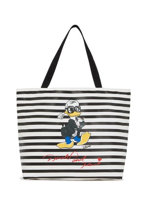 Tote bag featuring black and white stripes, graphic of a cartoon duck in a black suit and sunglasses, with a red text signature.