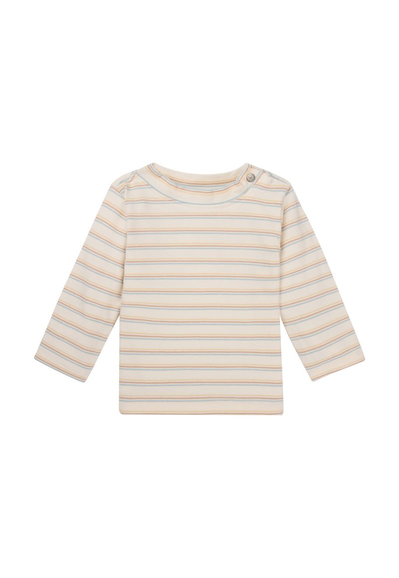 Langärmliges T-Shirt in Creme mit pastellfarbenen horizontalen Streifen. Verfügt über einen Rundhalsausschnitt und einen Druckknopf an der Schulter für einfaches An- und Ausziehen.