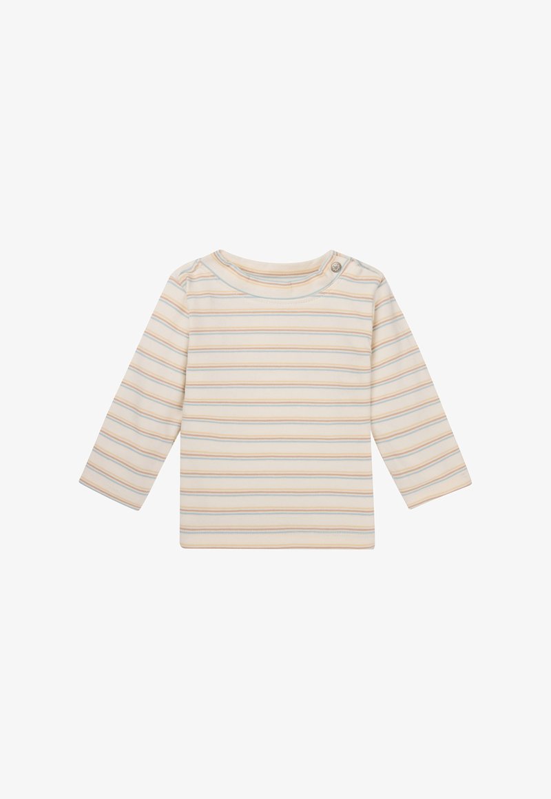 Langärmliges T-Shirt in Creme mit pastellfarbenen horizontalen Streifen. Verfügt über einen Rundhalsausschnitt und einen Druckknopf an der Schulter für einfaches An- und Ausziehen.