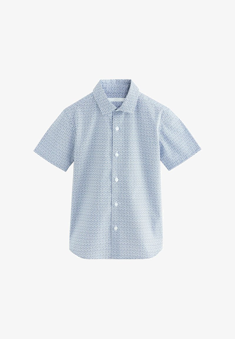 Chemise bleu clair à manches courtes boutonnée avec un petit motif géométrique foncé et un col classique.