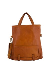 Braune Leder-Tote-Tasche mit strukturiertem Oberflächen, doppelten oberen Griffen, verstellbarem Schultergurt und einer Vordertasche mit Druckverschluss.