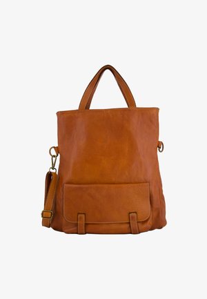 Brown leather tote bag with a textured surface, dual top handles, adjustable shoulder strap, and a front pocket with snap closure.