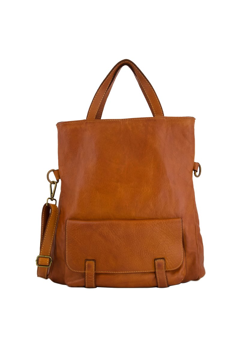 Braune Leder-Tote-Tasche mit strukturiertem Oberflächen, doppelten oberen Griffen, verstellbarem Schultergurt und einer Vordertasche mit Druckverschluss.