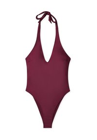 Burgundijas krāsas viengabala peldkostīms ar dziļu V-veida kakla izgriezumu, kakla saites siksnām un augstu kāju apertūru. Gluda, elastīga auduma konstrukcija bez rakstiem.