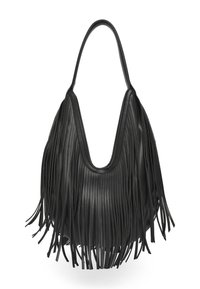 Borsa a mano in pelle nera con forma a mezzaluna, caratterizzata da lunghe frange ai lati e da una superficie interna liscia.