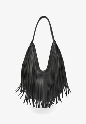 Schwarze Lederhandtasche in Mondform, mit langen Fransen entlang der Seiten und einer glatten Innenseite.