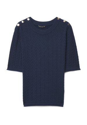 Pull à manches courtes en maille torsadée bleu marine avec col rond et boutons argentés sur les deux épaules.