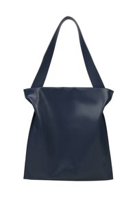 Navy blue leather tote bag with a minimalist design, featuring a slouchy shape and dual flat handles. Subtle branding at the base.