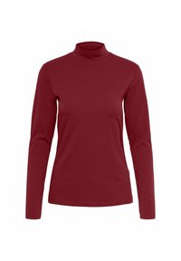 Maglietta a maniche lunghe con collo alto di colore bordeaux, realizzata in morbido tessuto di cotone; presenta un design aderente con una texture liscia e un colletto alto.