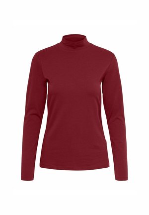 Langsleeve turtleneck shirt in bordeaux, gemaakt van zachte katoenen stof; heeft een aansluitend ontwerp met een gladde textuur en een hoge kraag.