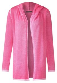 Lightweight, hooded cardigan in bright pink, featuring a loose, open front design and ribbed trim at the cuffs and hem. Textured knit material.