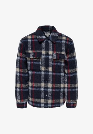 Navy and red plaid fleece shirt jacket with two chest pockets and button closure. Soft texture, collared design, and contrasting check pattern.