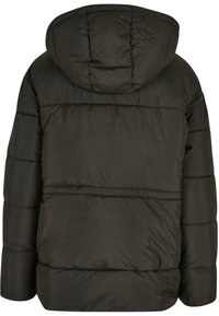 Dark green puffer jacket with a hood, featuring quilted sections and a smooth texture. Includes a back seam for added detail.