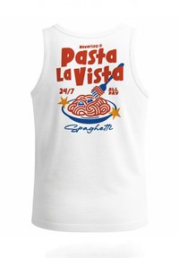 White tank top featuring a colorful graphic design with text reading "Pasta La Vista," a fork, spaghetti, and stars.