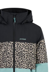 Giacca con stampa leopardata nera e beige con una cerniera turchese. Presenta un cappuccio e una sezione inferiore contrastante di colore blu chiaro. Logo del marchio sul petto.