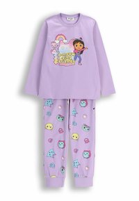 Fioletowy zestaw piżam z długim rękawem z nadrukiem kreskówkowym i kolorowymi, zabawnymi wzorami twarzy zwierząt na pasujących spodniach. Miękki materiał.