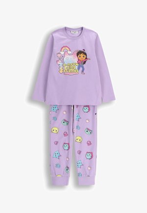 Fioletowy zestaw piżam z długim rękawem z nadrukiem kreskówkowym i kolorowymi, zabawnymi wzorami twarzy zwierząt na pasujących spodniach. Miękki materiał.