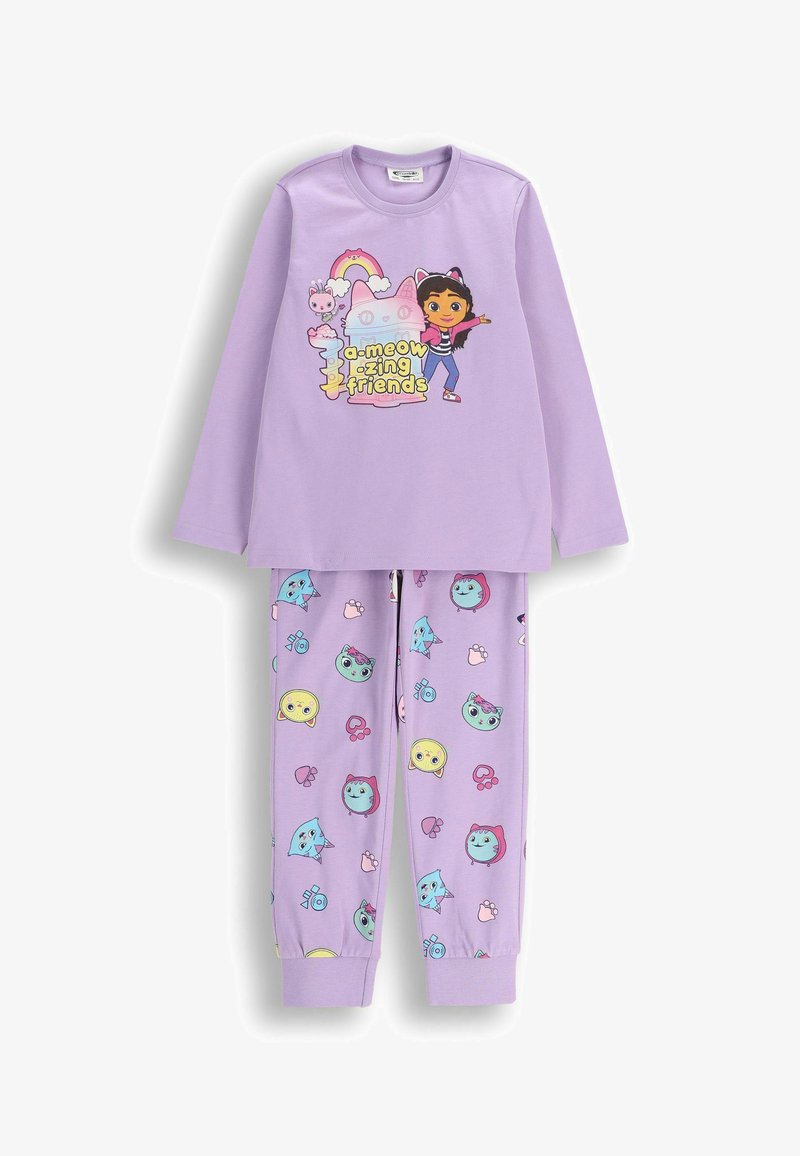 Fioletowy zestaw piżam z długim rękawem z nadrukiem kreskówkowym i kolorowymi, zabawnymi wzorami twarzy zwierząt na pasujących spodniach. Miękki materiał.