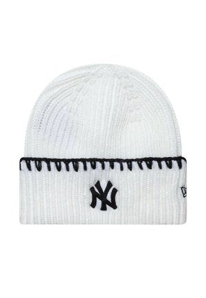 Berretto bianco in maglia a coste con bordo cucito nero e logo "NY" nero ricamato sul risvolto.