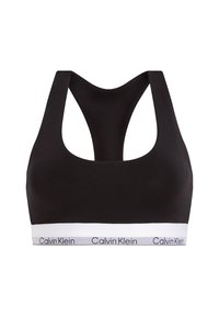 Sujetador deportivo negro con un acabado texturizado, diseño de espalda de nadador y una banda elástica blanca con la marca "Calvin Klein".