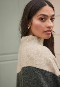 Chunky knit sweater with a high neck; beige and dark gray color blocking; soft texture; model facing slightly to the side, wearing hoop earrings.
