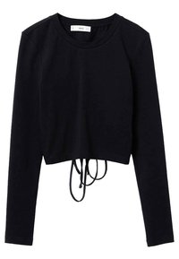 Zwart cropped top met lange mouwen, ronde halslijn en verstelbare trekkoord bij de zoom, gemaakt van gladde stof.