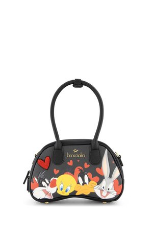 Borsa nera con i volti dei cartoni animati Sylvester, Tweety, Daffy e Bugs Bunny circondati da cuori rossi, con il logo dorato "braccialini".