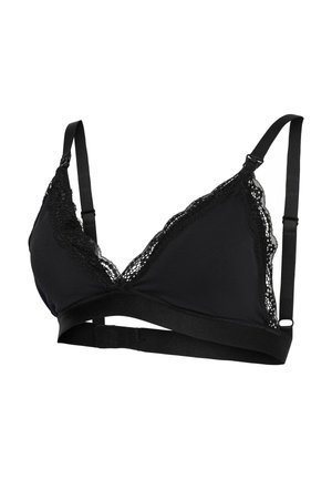 Soutien-gorge noir à bonnets souples avec bordure en dentelle, bretelles réglables et fermeture dos à agrafes, présenté sur fond blanc.