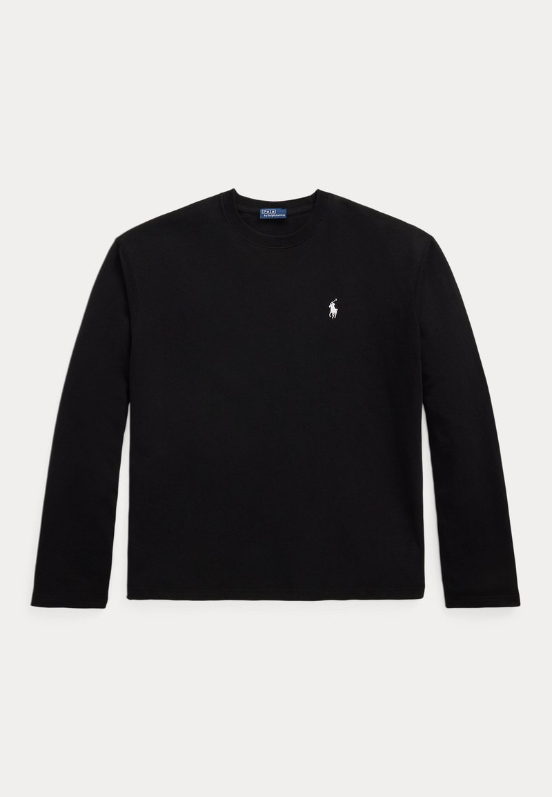 Czarna koszulka z długim rękawem i okrągłym dekoltem z małym białym logo konia Polo Ralph Lauren na lewej piersi, ułożona na płasko na białym tle.