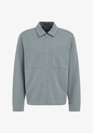 Sivá bunda na zips z textúrovaného materiálu s golierom, dvoma prednými vreckami a rebrovanými manžetami, ktoré zdobí jemný rybí kostrový vzor.