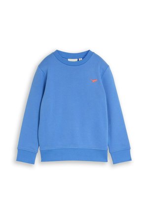 Blaues Sweatshirt mit langen Ärmeln und Rundhalsausschnitt, mit gerippten Bündchen und Saum, mit kleinem orangefarbenem Dinosaurier-Logo auf der linken Brust.