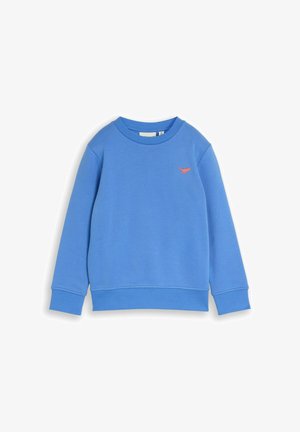Sweat-shirt bleu à manches longues avec col rond, poignets et ourlet côtelés, avec un petit logo dinosaure orange sur la poitrine gauche.
