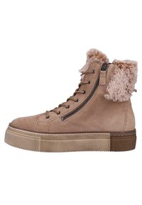 Beige Wildleder Sneaker-Boot mit hohem Schaft, seitlichem Reißverschluss, Schnürung auf der Vorderseite, dicker Gummisohle und plüschigem Futter aus Fell.