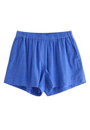 Blå shorts med elastisk talje og sidelommer, lavet af let tekstureret stof, egnet til afslappet brug.