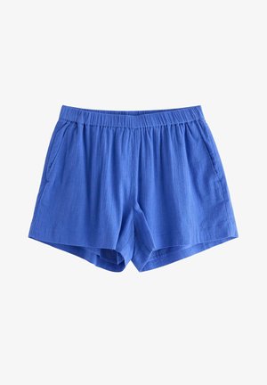 Blå shorts med elastisk talje og sidelommer, lavet af let tekstureret stof, egnet til afslappet brug.