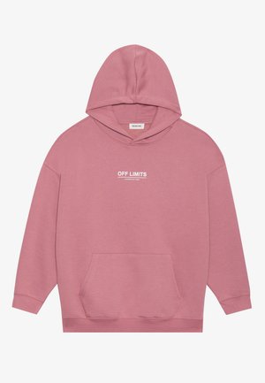 Dusty pink hooded sweatshirt with front pocket and white text "OFF LIMITS Dangerous Area" centered on the chest.