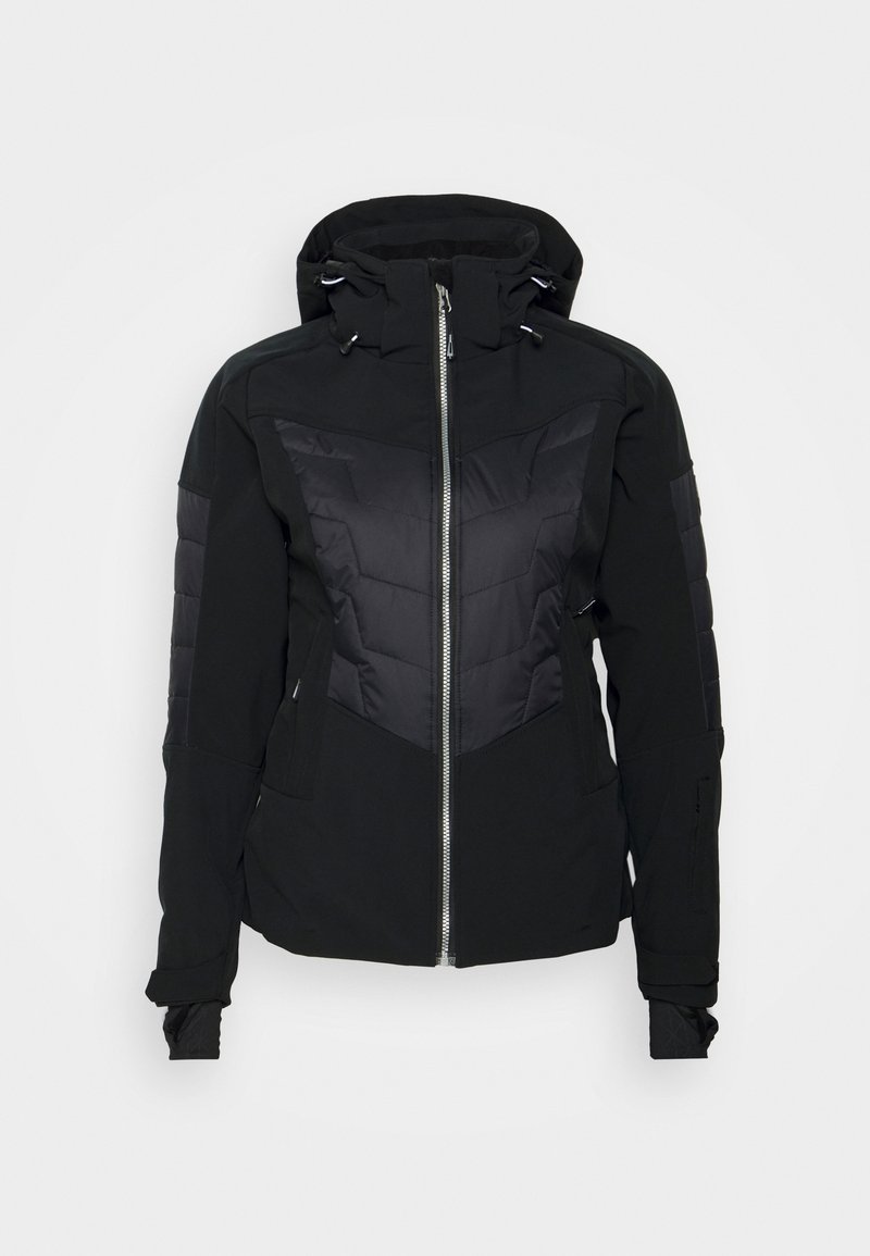 Czarna kurtka outdoorowa z zamkiem na przodzie, pikowaną klatką piersiową, regulowanym kapturem i mankietami. Charakteryzuje się teksturowanym geometrycznym wzorem.