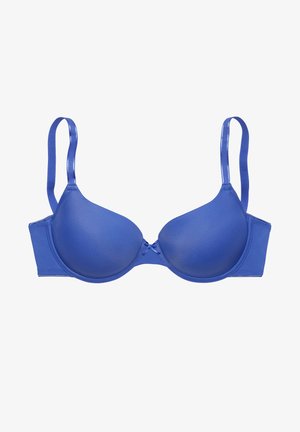 Blauw gewatteerd onderwijzer beha met een gladde textuur, verstelbare banden en een klein decoratief strikje in het midden.